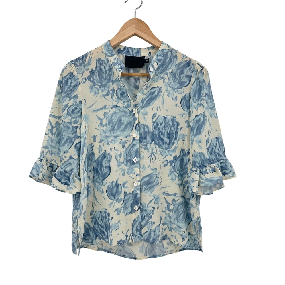 No. 6 Store 100% Silk Blue Floral Watercolor Ruffle Sleeve Blouse Top Size 1 / S